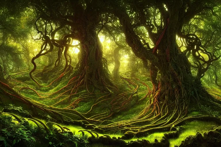 Image similar to a beautiful and highly detailed digital painting of a celtic elven tree in a lush forest, psychedelic patterns, celtic, intricate details, epic scale, 8 k, sharp focus, photorealism, artstation, cgsociety, by caspar friedrich, albert bierstadt, james gurney, brian froud,