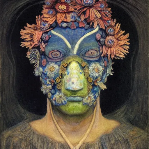 Prompt: masterpiece painting of a dark flower shaman, by annie swynnerton and jean delville and diego rivera, facemask made of flowers, art brut, outsider art, symbolist, dramatic lighting, god rays, elaborate geometric ornament, clean crisp graphics, smooth sharp focus, extremely detailed, adolf wolfli