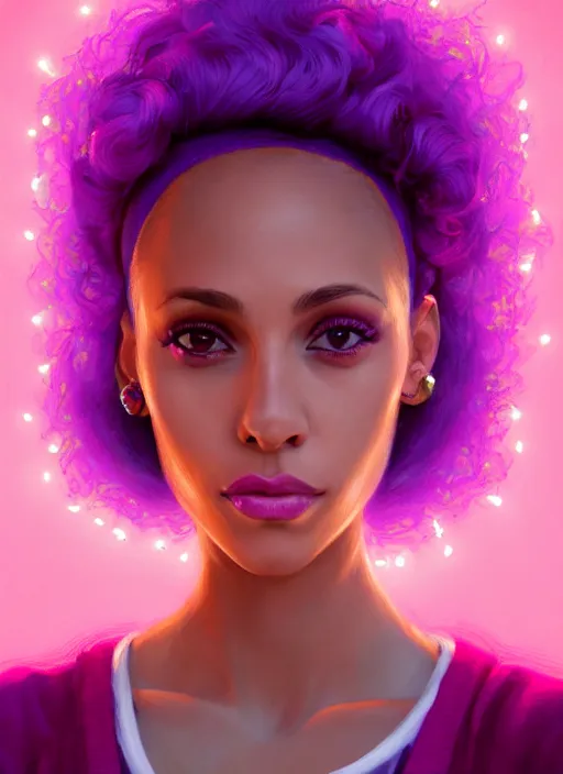 Image similar to portrait of vanessa morgan with bright pink hair, curly pixie cut hair, wearing a purple breton cap, breton cap, hoop earrings, intricate, elegant, glowing lights, highly detailed, digital painting, artstation, concept art, smooth, sharp focus, illustration, art by wlop, mars ravelo and greg rutkowski