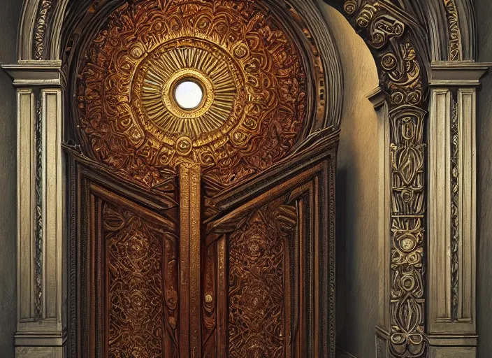 Image similar to symmetry!! the ornate door to the purgatory, very detailed, intricate details, complimentary colors, perfect lighting, perfect composition, aesthetic, masterpiece, award winning, artstation, darek zabrocki, greg rutkowski, artgerm, 4 k