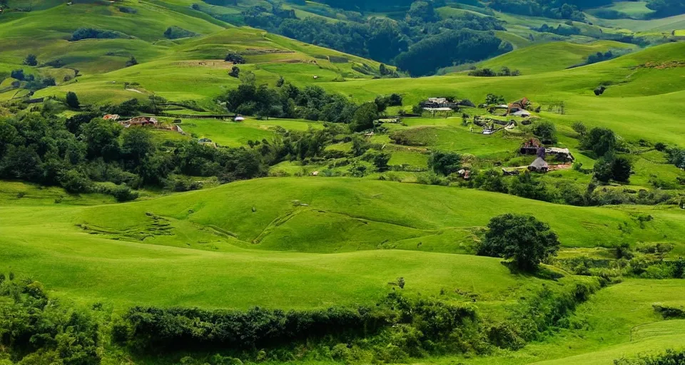 Prompt: verdant valley and rolling hills reminiscent of hobbiton, the lord of the rings