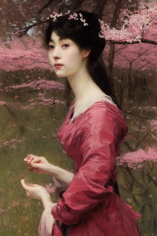 Image similar to Solomon Joseph Solomon and Richard Schmid and Jeremy Lipking victorian genre painting full length portrait painting of a young beautiful woman from japan with cherry blossoms and cherry trees