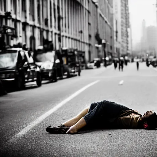 Image similar to a man laying lifeless on the road of a big city, photography,