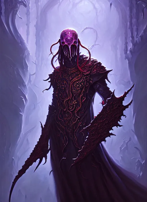 Prompt: a _ fantasy _ style _ portrait _ painting _ of mind flayer dnd, wicked, oil _ painting _ unreal _ 5 _ daz. _ rpg _ portrait _ extremely _ detailed _ artgerm _ greg _ rutkowski _ greg