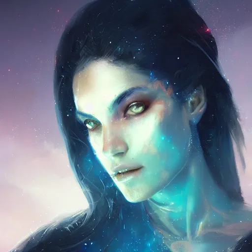 Prompt: a beautiful portrait of a cosmic goddess by Greg Rutkowski and Raymond Swanland, Trending on Artstation, nebula background, ultra realistic digital art, detailed eyes