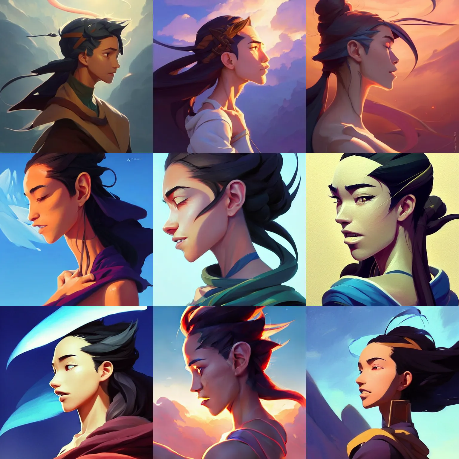 Prompt: side profile centered painted portrait, Adrianne Ho as a wind sorcerer, D&D, cell-shaded, matte painting concept art, bright backlit, official fanart, 4k, Pinterest, by Jesper Ejsing and RHADS and Makoto Shinkai and Louis can baarle and ilya kuvshinov and rossdraws and Cushart Krentz and Gilleard James and Alphonse Mucha - H 704