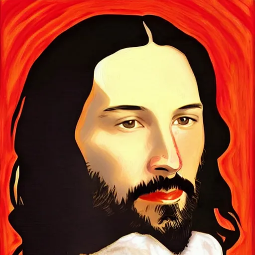 Prompt: painting of keanu reeves with beard in the style of mona lisa, painting by leonardo da vinci