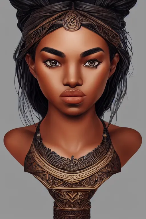 Image similar to A bust of a beautiful dark skinned Maori girl with large lips and smooth eyebrows and straight hair, HD, illustration, epic, fantasy, intricate, elegant, amazing detail, digital painting, artstation, concept art, smooth, sharp focus, illustration, art by Turine Tran