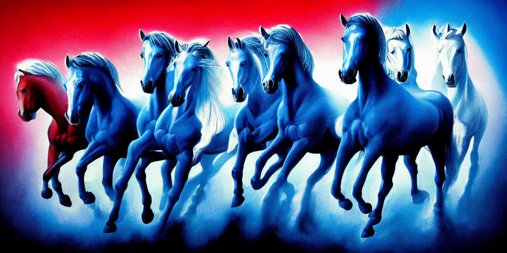 Prompt: blue inside out horses galloping with cowboys riding, too many hands in all directions, too many teeth, too many eyes, in hoc signo vinces, waterfall, in the style of gottfried helnwein, high contrast chiaroscuro, intricate composition, blue light, insanely quality, highly detailed, masterpiece, red light, artstation