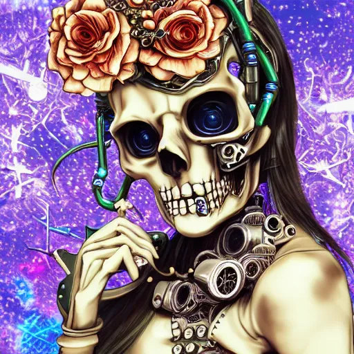 Image similar to surreal manga anime portrait girl skull of complex bio - mechanical beautiful young female skeletal cyborg with a mandelbrot fractal steampunk metal skull face, disney, retrofuturistic depressing, floral foliage, rococo, steampunk, 8 k