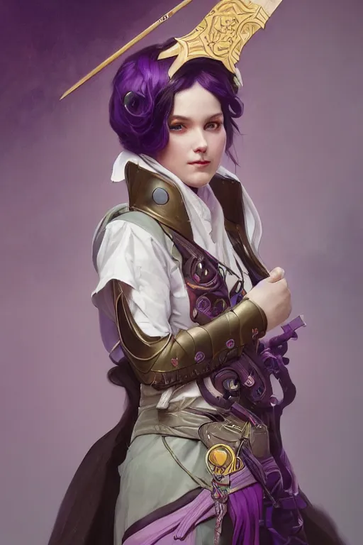 Image similar to portrait of a cute warlock girl with a staff in warlock armor, purple and green, by tom bagshaw and alphonse mucha and atey ghailan and artgerm and and greg rutkowski, hyper realistic, octane render, trending on artstation