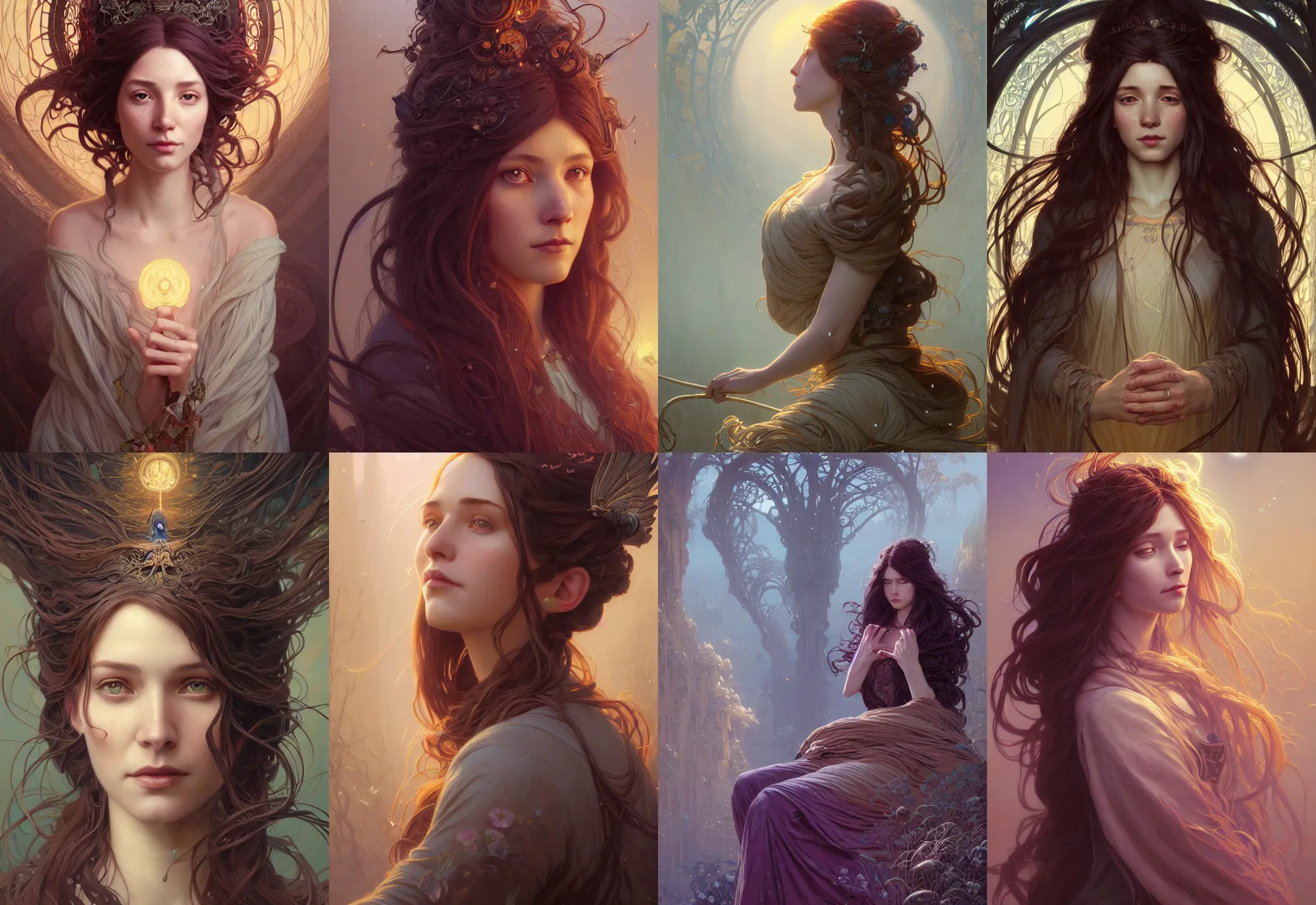 Image similar to highly detailed portrait of a woman with long hairs, stephen bliss, unreal engine, fantasy art by greg rutkowski, art nouveau, loish, rhads, ferdinand knab, makoto shinkai and lois van baarle, ilya kuvshinov, rossdraws, tom bagshaw, alphonse mucha, global illumination, radiant light, detailed and intricate environment