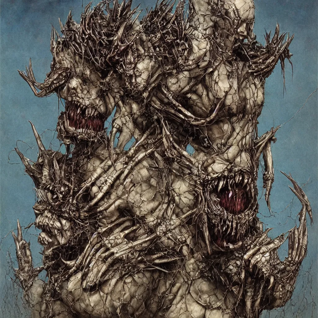 Image similar to A creepy armored horned fanged demon woman with blue scarred skin wrapped in barbed wire. Extremely high detail, realistic, fantasy art, solo, bones, ornate, textured, cgsociety masterpiece, saturated colors, tricate omnious visionary concept art tangled, ripped flesh, art by Zdzisław Beksiński, Arthur Rackham, Dariusz Zawadzki