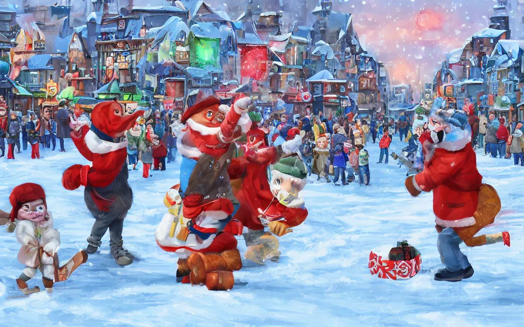 Image similar to winter festival. a mascot dances in the street with the mayor of the town. they are having fun, but the crowd has a strange feeling of remorse, as if they are witnessing something that is morally wrong. highly detailed digital art. trending on artstation