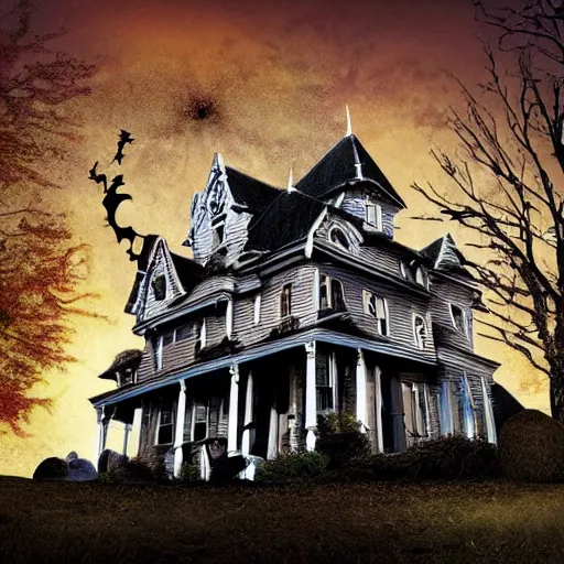 Image similar to A spooky haunted house, with ghosts and ghouls lurking around every corner, in a Halloween style.