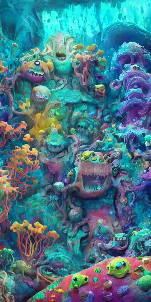 Image similar to of a colorful under water cave with strange cute friendly happy creatures with huge eyes, mouth, long tongue and round teeth appearing from sandy coral, in the style of gehry and gaudi, macro lens, shallow depth of field, ultra detailed, digital painting, trending artstation, concept art, illustration, cinematic lighting, photorealism, epic, octane render