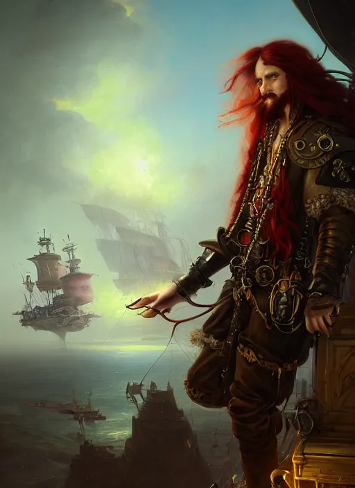 Image similar to portrait painting of a long hair red hair male pirate in front of steampunk airship in the sky by raphael lacoste and stephan martiniere greg rutkowski gaston bussiere fantasy soft hair trending on artstation key art dramtic volumetric lighting, 4 k, award winning