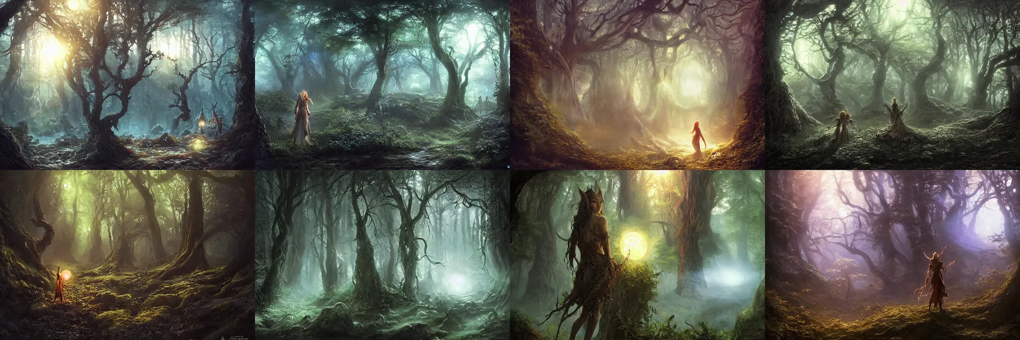 Prompt: an old elven wood, a view to an eerie fantasy world, glowing orbs, ethereal back light, mist, coherent composition, detailed fantasy painting by artgerm, noriyoshi ohrai, yuumei