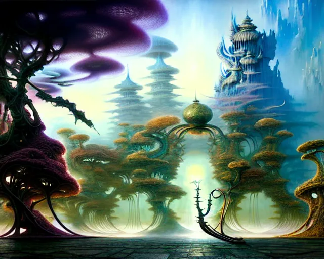 Image similar to street view of the forbidden garden, fantasy landscape made of fractals facing each other, ultra realistic, wide angle, intricate details, the fifth element artifacts, highly detailed by peter mohrbacher, hajime sorayama, wayne barlowe, boris vallejo, aaron horkey, gaston bussiere, craig mullins