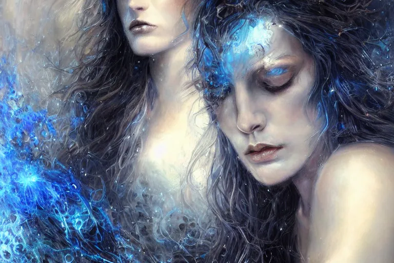 Prompt: masterpiece goddess of sorrow, realistic portrait, 3 0 years woman, melancholic face, long hair, digital painting by louis royo and julie bell, dark tenebrous blue background, one third composition, cinematic light, aura effect, some chaotic sparkles, wind, unreal engine, artstation, deviantart, pinterest