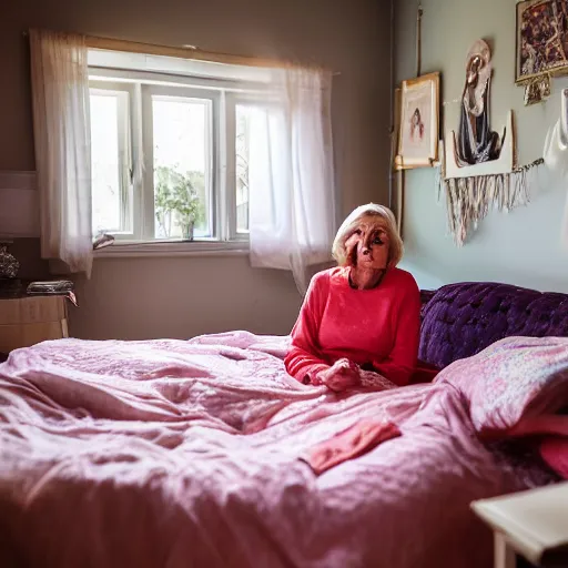 Image similar to older woman inside her bedroom, dramatic colored lighting, mysterious ambiance : : gregory crewdson photo style : : nikon d 8 1 0, ƒ / 2. 5, focal length : 8 5. 0 mm, exposure time : 1 / 8 0 0, iso : 2 0 0