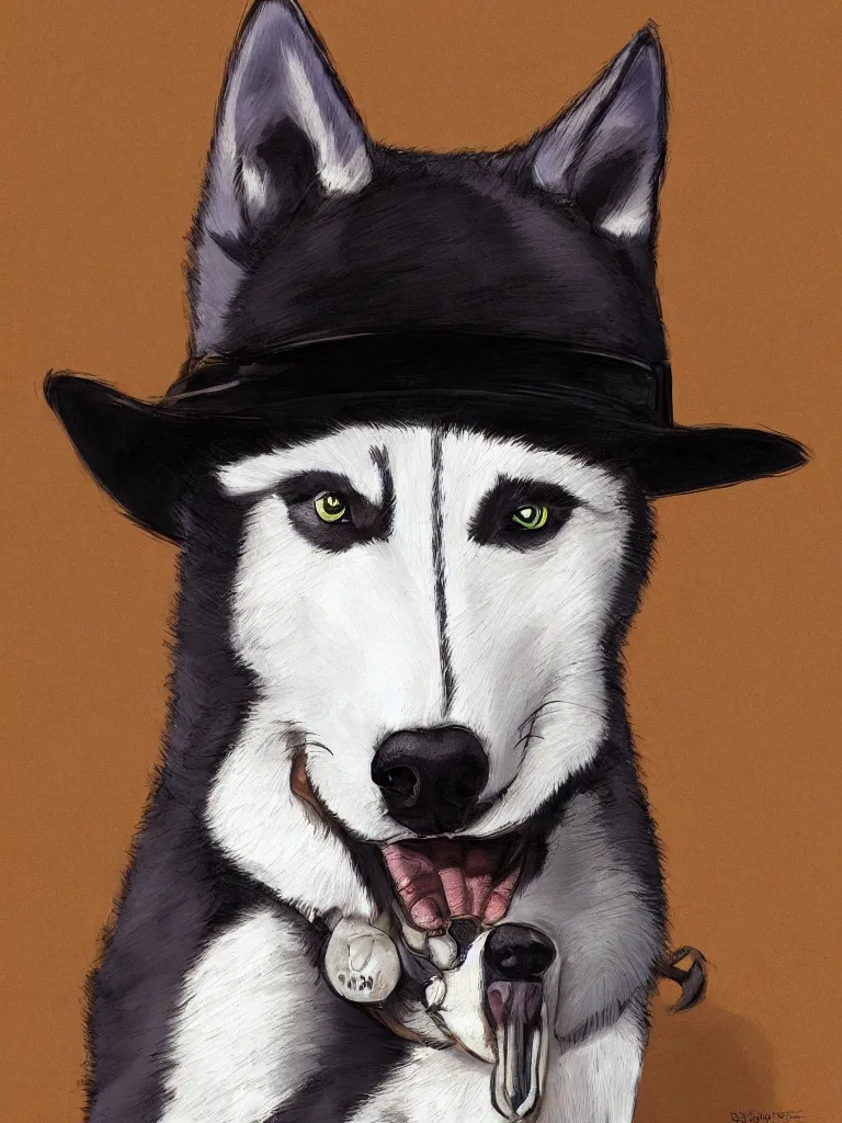 Image similar to a portrait painting of a husky in cowboy costume, wearing a cowboy hat, by studio ghibli, in the style of anime, [ western film ], humanoid, personify, anthropomorphic, trending on artstation