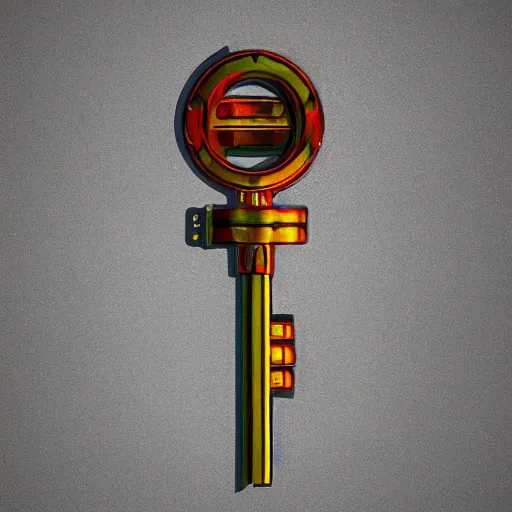 Image similar to a stylised old colorful metal key, key is on the center, rpg game inventory item, rim light, outer glow, on the white background, high poly vray, stylised textures, trending on artstation