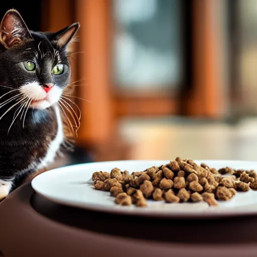 Image similar to A photo of a cat wearing a suit sitting in a fancy and expensive gourmet restaurant and eating a plate of cat food. f/2.8, dim lighting, award winning photo