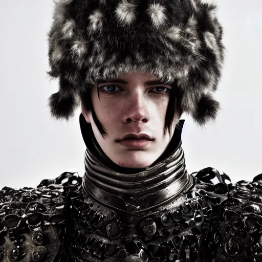 Image similar to a portrait of a beautiful young icelander male wearing an alexander mcqueen armor , photographed by andrew thomas huang, artistic