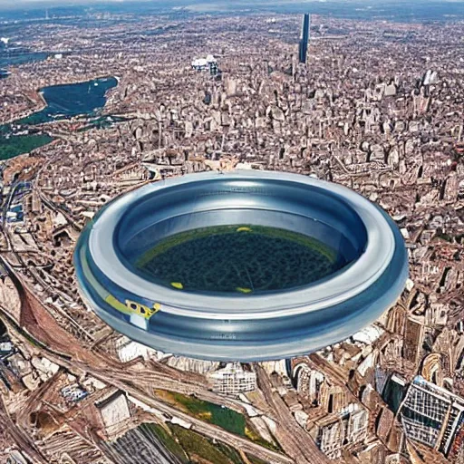 Prompt: aerial photo of a giant ring-shaped space station encircling a modern city, the ring is horizontal, surrounding the city, establishing shot, cinematic