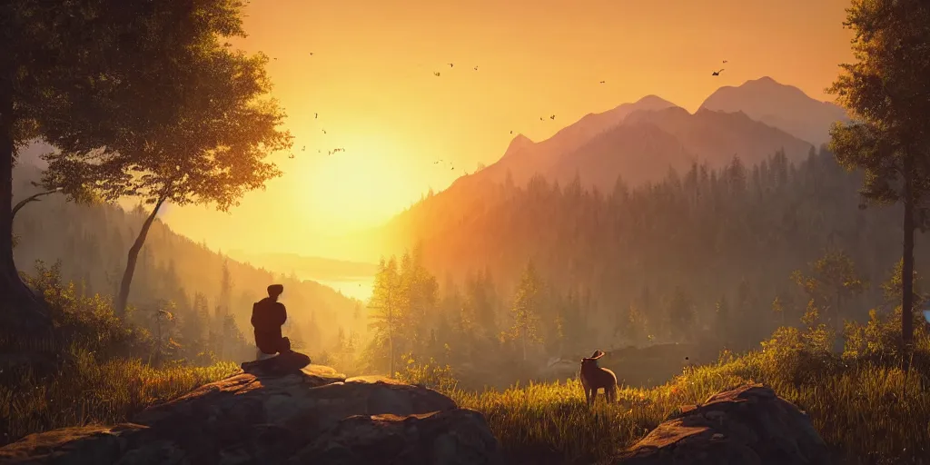 Image similar to A majestic landscape featuring a river, mountains and a forest. A group of birds is flying in the sky. There is an old man with a dog standing next to him. The man is wearing a backpack. They are both staring at the sunset. Cinematic, very beautiful, painting in the style of firewatch