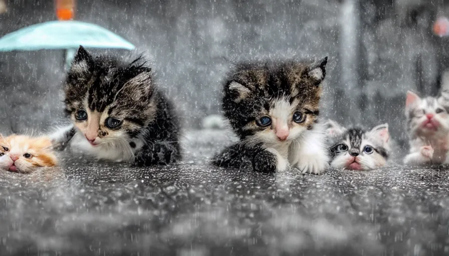 Image similar to its raining kittens and puppies in the most unusual storm ever, surprised people running for cover, some trying to catch the kittens, chaos in the city, high quality, high details, panoramic