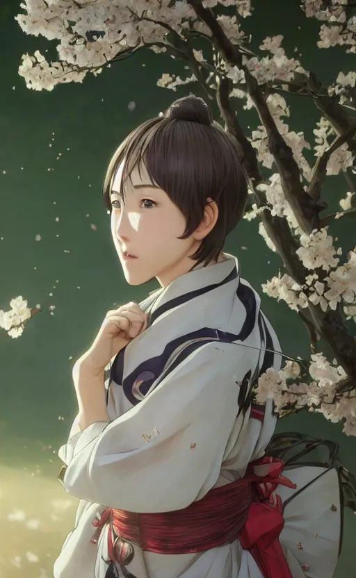 Image similar to front portrait of a boy standing, sakura tree in background, yukata clothing, battlefield in background, anime style, short hair, hair down, symmetrical facial features, from arknights, hyper realistic, 4 k, extreme detail, detailed drawing, trending artstation, realistic lighting, by alphonse mucha, greg rutkowski, sharp focus, backlit