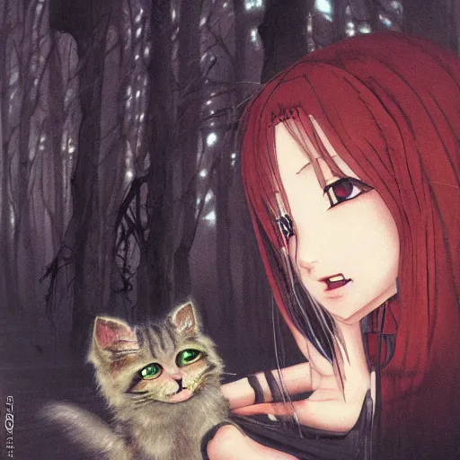 Prompt: a professionally painted realistic anime portrait by yuji ikehata and satoshi kon, of a lonely vampire woman learning how to live in an old homely cottage by herself in the middle of the woods with only an old scruffy cat as a friend, old vintage vhs, scan lines, grainy quality, real anime, realistic, peaceful, lighthearted