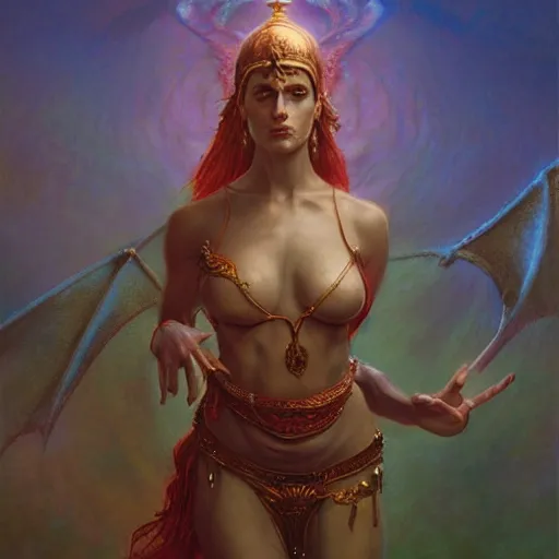 Image similar to cute female bellydancer dragon, anthropomorphic, stuning 3 d render, masterpiece, glowing holy aura, by donato giancola and greg rutkowski and wayne barlow and zdzisław beksinski, realistic face