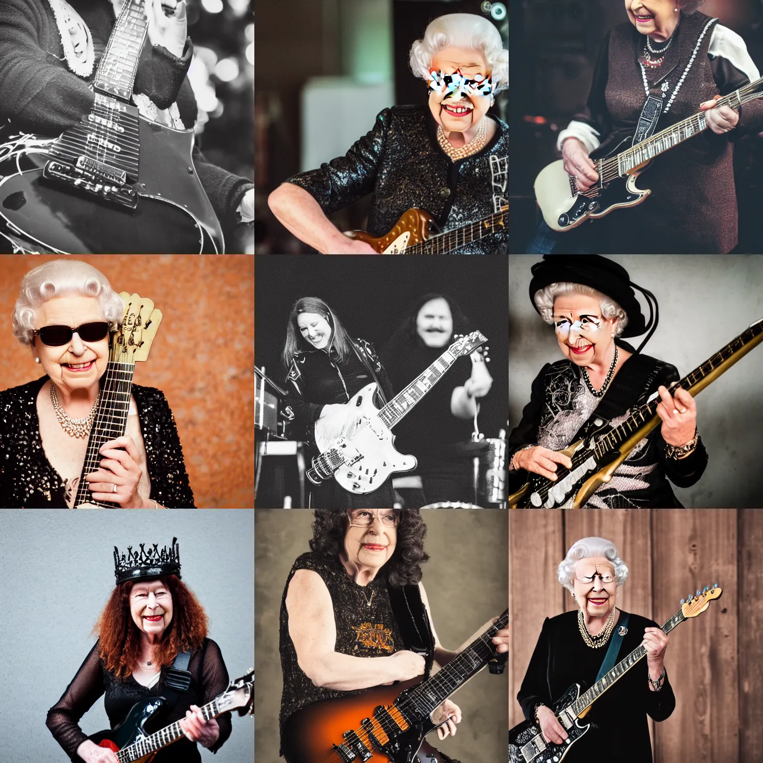 Prompt: Queen Elizabeth dressed in all black, smiling while playing electric guitar in a heavy metal band, portrait photography, depth of field, bokeh