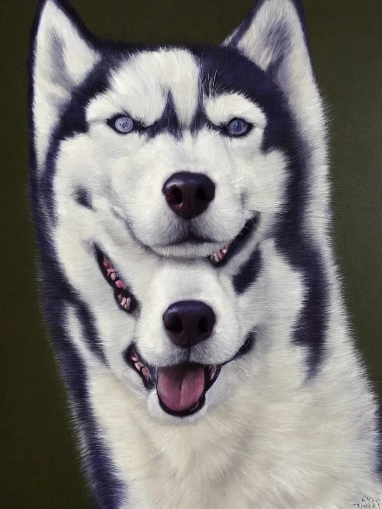 Prompt: portrait painting of a husky wearing a white vest