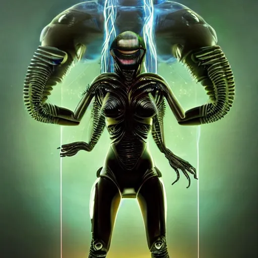 Image similar to a highly detailed 3D portrait of an attractive female cyborg standing holding a strange xenomorphic weapon in a seductive pose ready for battle. Alien spaceship high in the background. Flowing beautiful hair, anatomy portrait, fullbody, symmetrical and science fiction theme with lightning, aurora lighting clouds and stars. Clean and minimal design by beksinski, carl spitzweg, HR Giger and Tuomas Korpi and bouguereau and Zdzislaw Beksinski, good clear quality, lighting, biology, symmetrical artwork, perfect face, 135 mm, cinematic, hyper realism, high detail, octane render, 8k, crimson accents
