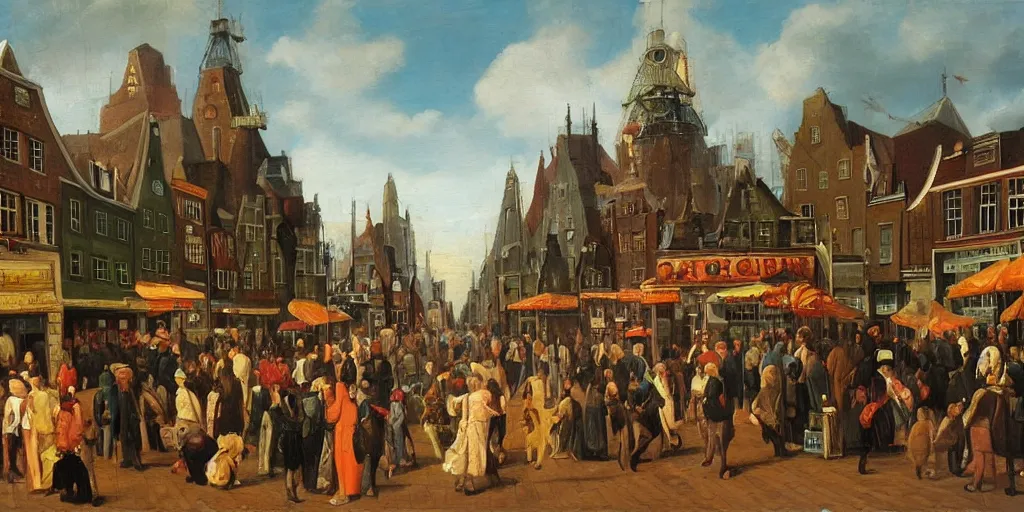 Prompt: Busy alien shopping district, oil painting in the style of the Dutch masters, very detailed