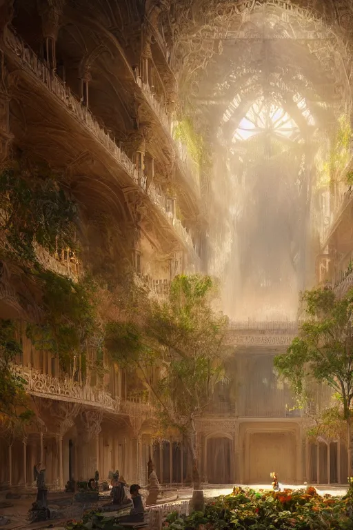 Image similar to inside a luxurious and leafy babylonian palace, portrait, powerfull, intricate, elegant, volumetric lighting, scenery, digital painting, highly detailed, artstation, sharp focus, illustration, concept art, ruan jia, steve mccurry