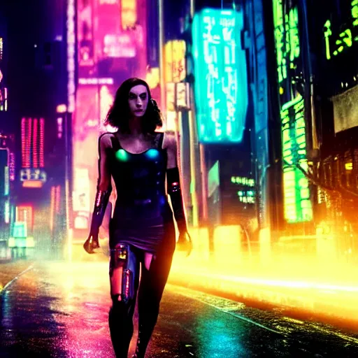 Image similar to jennifer connely starring in a cyberpunk movie in a distopic futuristic city in the style of bladerunner, movie still, highly detailed, rainy night, volumetric lights, dramatic, scifi