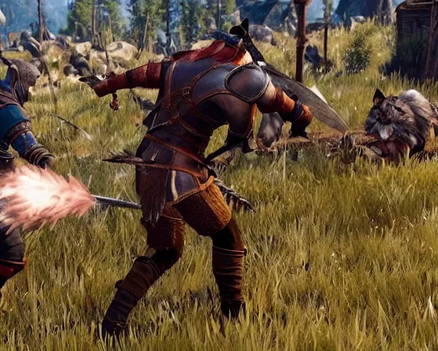 Image similar to gerald of rivia fighting furries from witcher 3 ( 2 0 1 5 videogame )