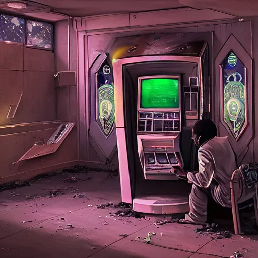 Image similar to detailed painting of a scifi abandoned atm, celestial ephemeral ornaments and art nouveau architecture, artstation, syd mead, in africa, cinematic