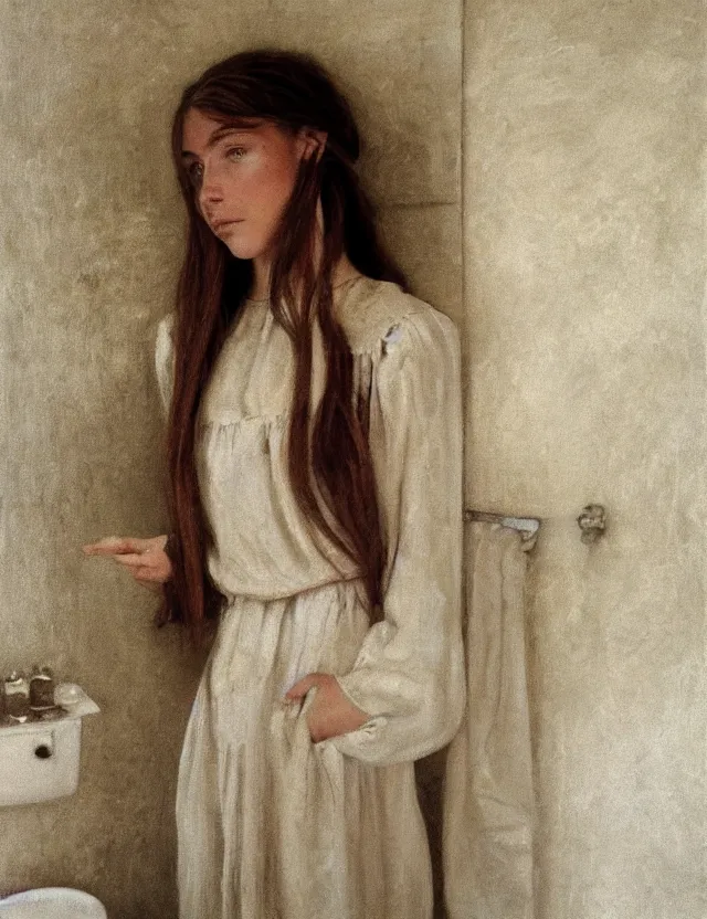 Image similar to portrait of beautiful peasant girl with long hair in a bathroom, minimalistic interior, soviet style, Cinematic focus, Polaroid photo, vintage, neutral colors, soft light, foggy, by Steve Hanks, by Serov Valentin, by lisa yuskavage, by Andrei Tarkovsky 8k render, detailed, oil on canvas