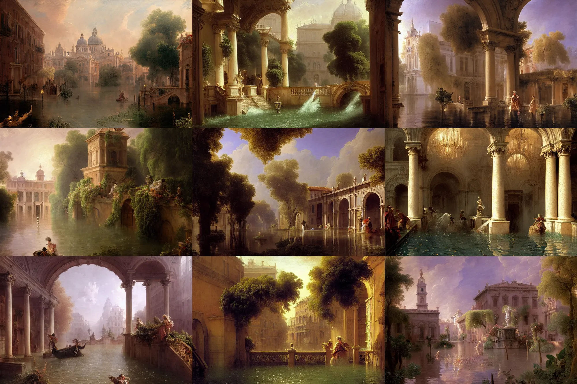 Prompt: colonial fountains of water flooding a town grand canal, stoic, purple drapery, archways made of lush greenery, water coming out of windows, light dust, magnificent, hyperdetailed, theatrical, close up, masterpiece, painted by jean honore fragonard and greg rutkowski