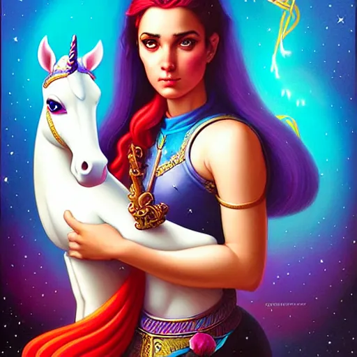 Image similar to portrait of himan riding an unicorn and, pixar style, by tristan eaton stanley artgerm and tom bagshaw.