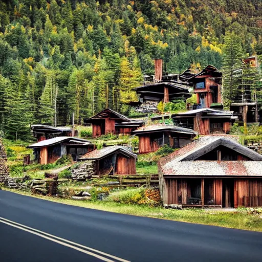 Image similar to brutalist cabin village, mountains, forest, beautiful,