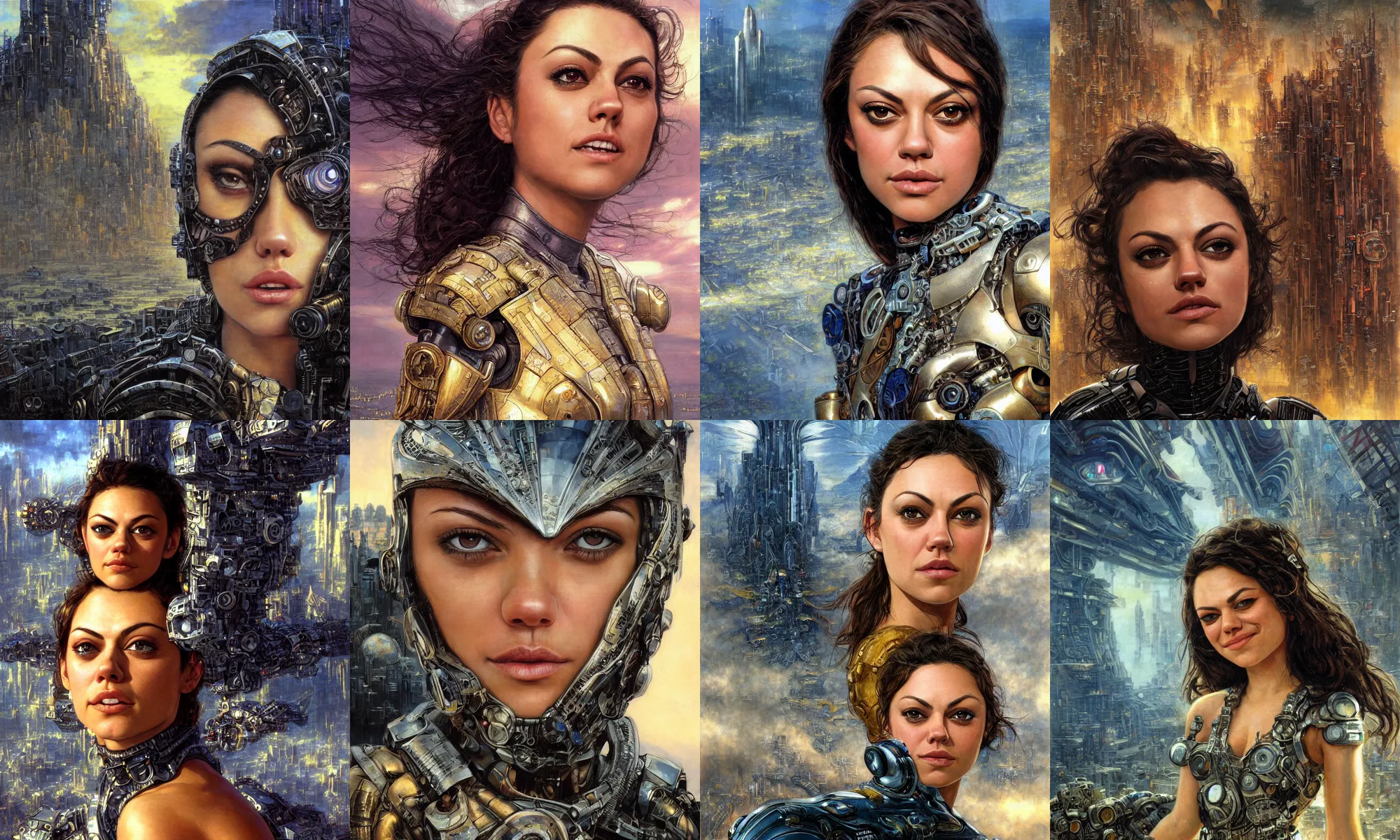 Image similar to close - up portrait of epic young mila kunis smiling into camera, intricate cyborg armor, vista of futuristic city, windy, golden hour, wlop, by gerald brom, by mikhail vrubel, by peter elson, muted colors, extreme detail, trending on artstation