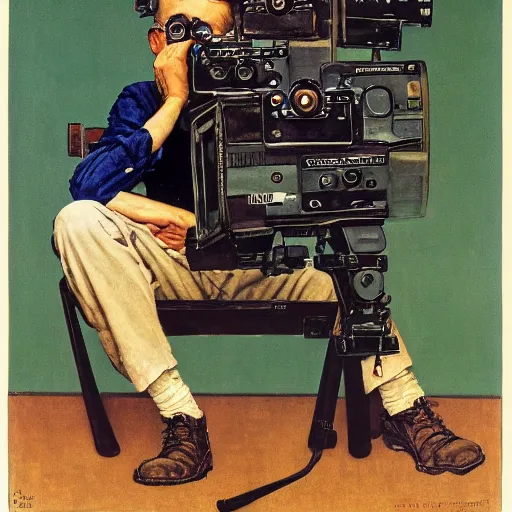 Image similar to norman rockwell painting of a television crew member holding a large television - video - camera