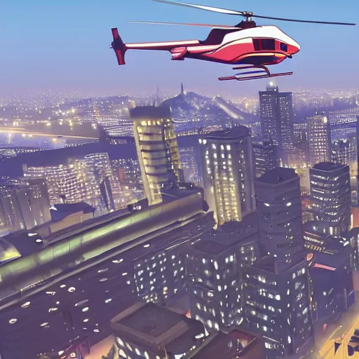 Image similar to Helicopter above a night city in GTA 5, cover art by Stephen Bliss, boxart, loading screen